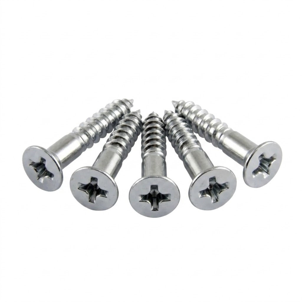 Five silver metal self-tapping wood screws arranged in a fan shape on a plain white background.