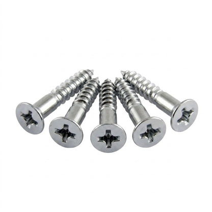 Five silver metal self-tapping wood screws arranged in a fan shape on a plain white background.