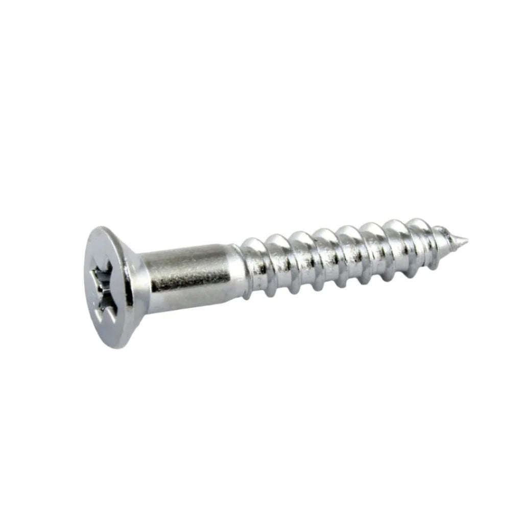 A single silver metal flathead screw with a Phillips head and threaded shank, shown on a plain white background.