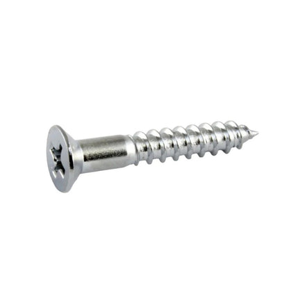 A single silver metal flathead screw with a Phillips head and threaded shank, shown on a plain white background.