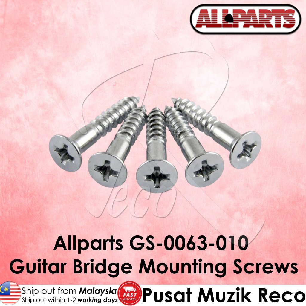 Five silver metal guitar bridge mounting screws arranged in a fan shape on a pink textured background, with the Allparts logo at the top right and product text at the bottom.