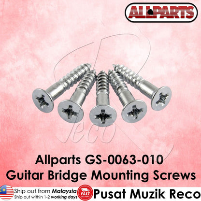 Five silver metal guitar bridge mounting screws arranged in a fan shape on a pink textured background, with the Allparts logo at the top right and product text at the bottom.