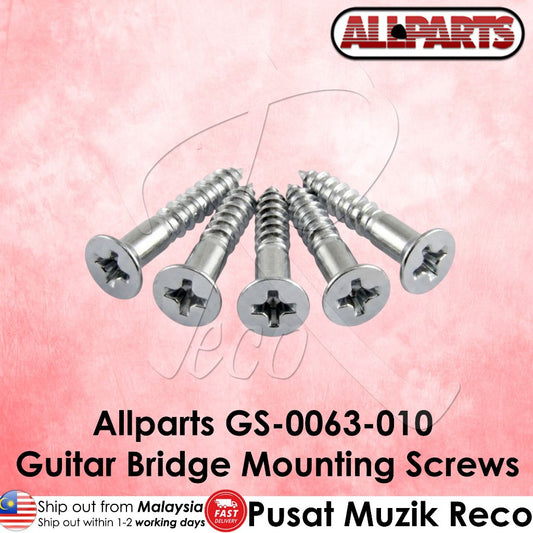 Five silver metal guitar bridge mounting screws arranged in a fan shape on a pink textured background, with the Allparts logo at the top right and product text at the bottom.