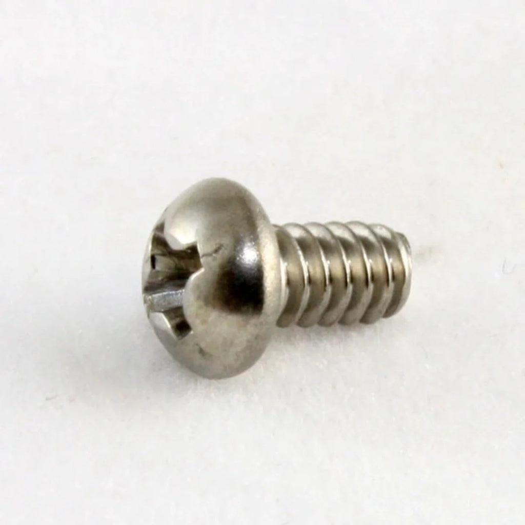 A single silver metal screw with a slotted cross-head and threaded shank, photographed on a plain white background.