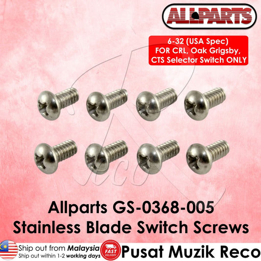 Eight silver stainless steel slotted switch screws arranged in two rows on a pink background with product text overlays and the Allparts brand logo.