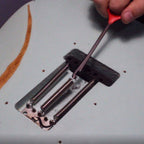 A close-up of a guitar tailpiece being adjusted with a red-handled screwdriver, mounted on a white electric guitar body.