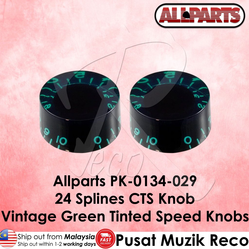 Two vintage green tinted speed knobs with Allparts branding on a pink background.