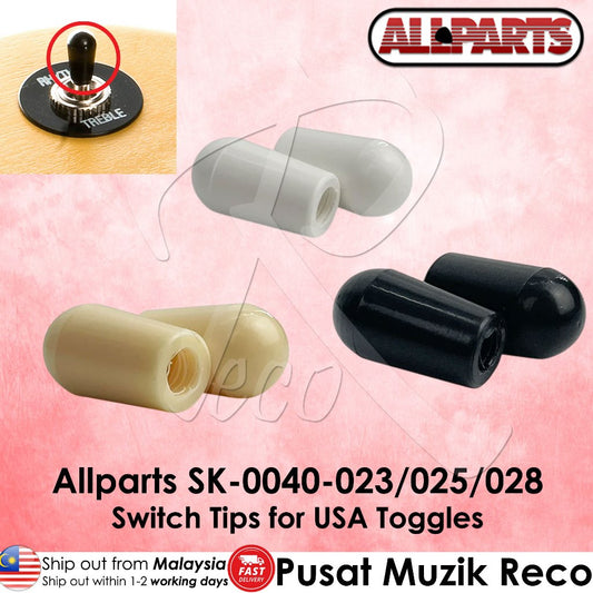 Allparts SK-0040-023/025/028 switch tips for USA toggles, shown in black, beige, and white plastic with a black metal tip, on a pink background with the Allparts logo.