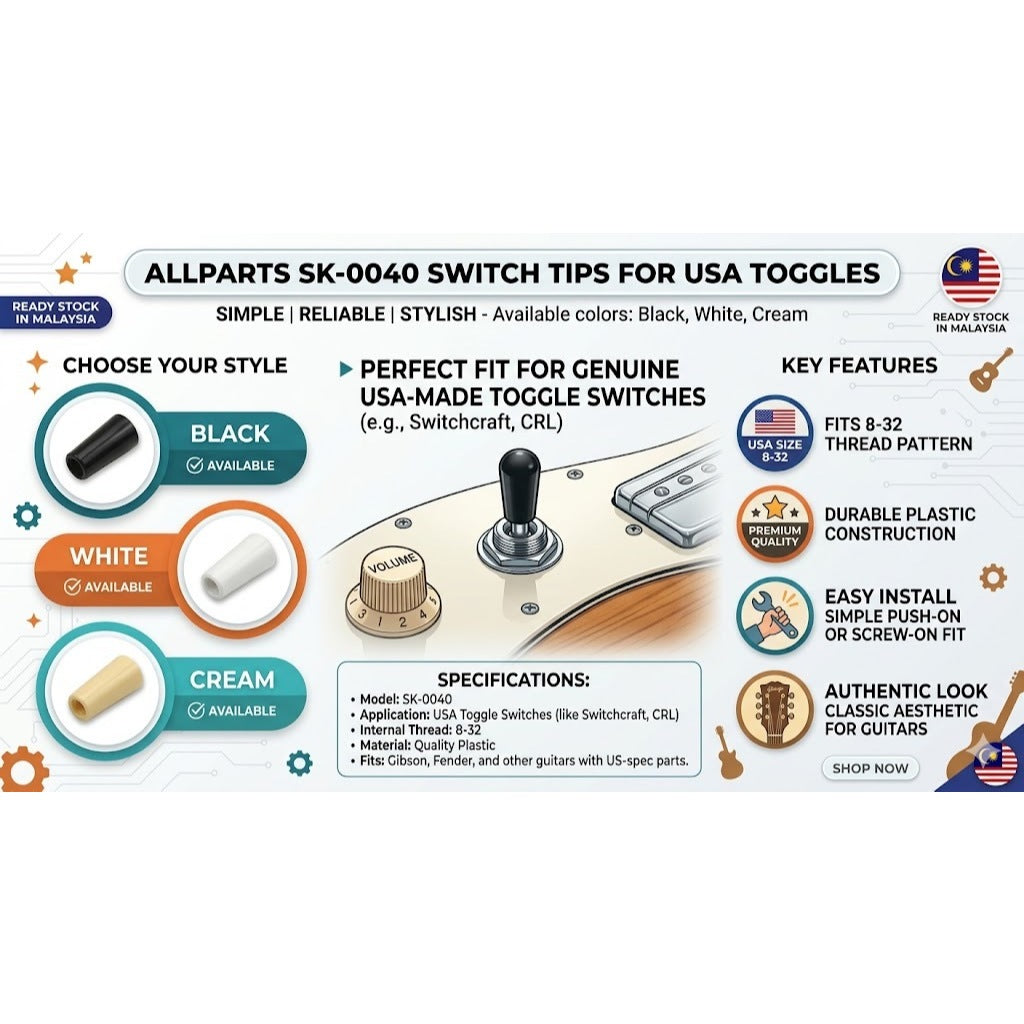Promotional graphic for allparts SK-0060 switch tips for USA toggles, showing three color options (black, white, cream), key features, specifications, and a central illustration of a guitar control knob area with the product tips applied.