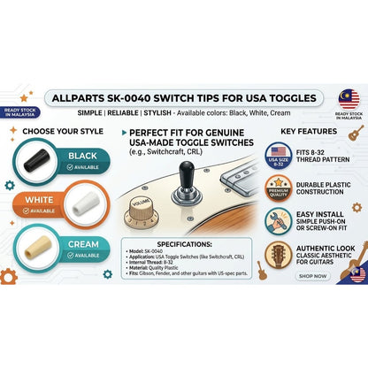 Promotional graphic for allparts SK-0060 switch tips for USA toggles, showing three color options (black, white, cream), key features, specifications, and a central illustration of a guitar control knob area with the product tips applied.