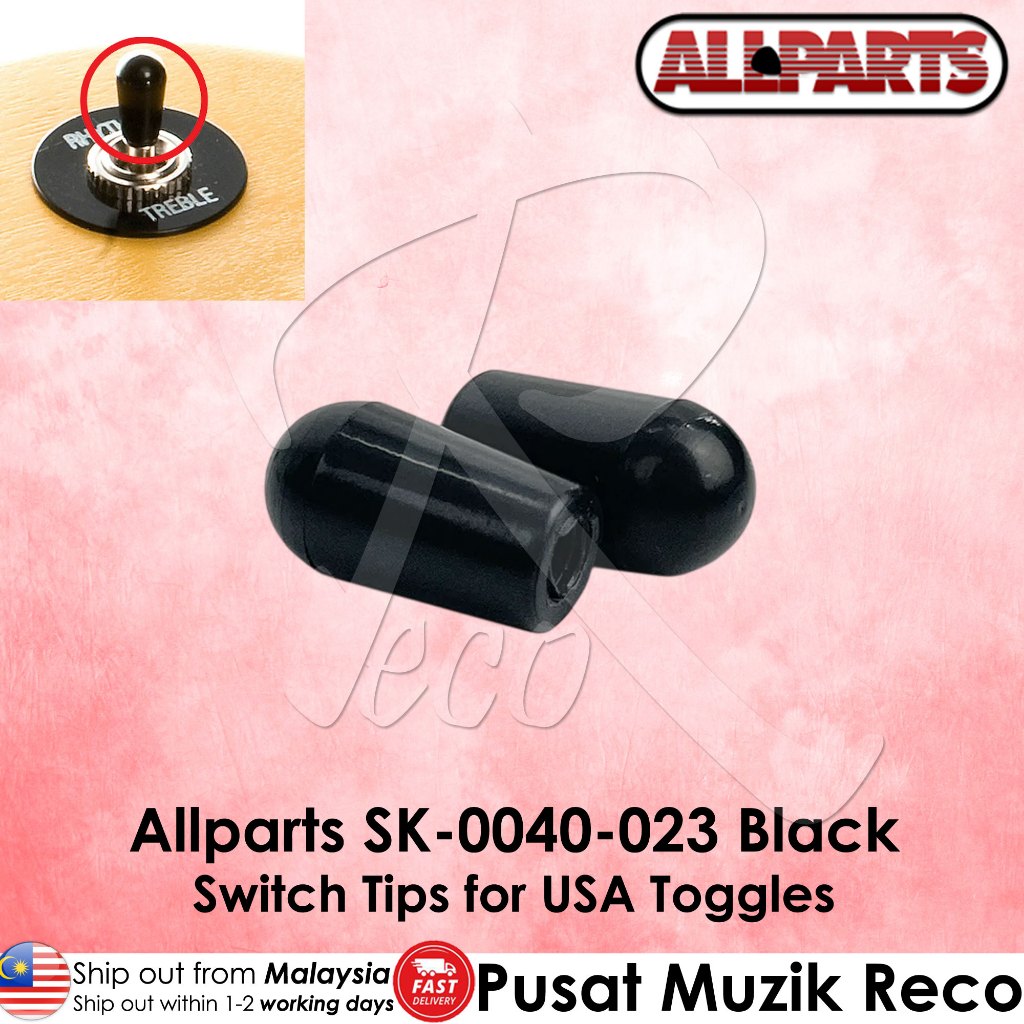 Two black switch tips for USA toggles shown on a pink background with Allparts branding and product text. A small inset at top left shows the switch with a red circle highlighting the tip.