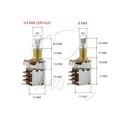Two small rotary potentiometers shown side by side with dimension labels: one marked 9.4 MM (3/8 Inch) and one marked 8 MM.