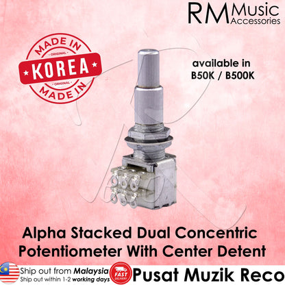 An alpha stacked dual concentric potentiometer with a center detent, shown against a pink textured background with promotional text and the RMMusic Accessories logo.