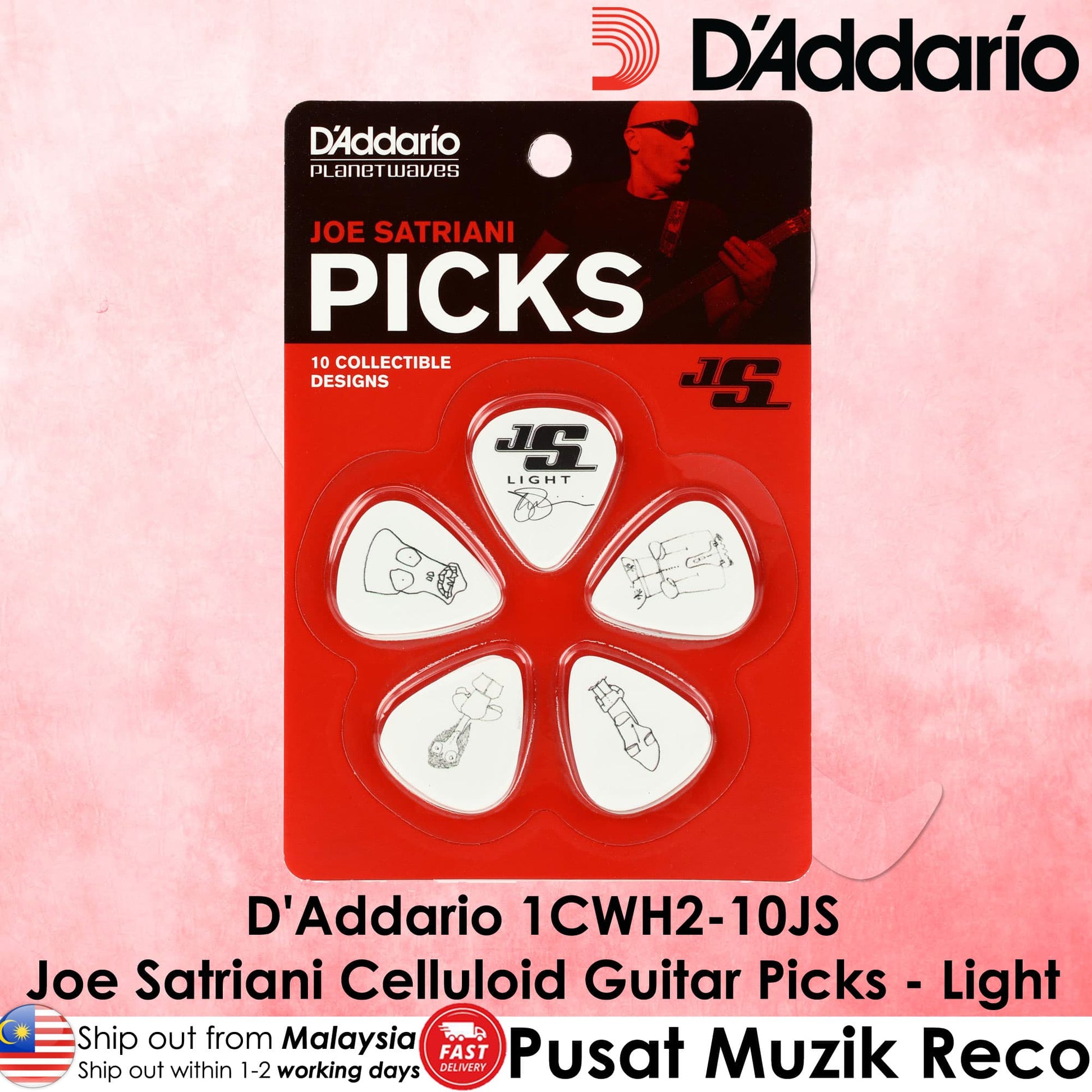 *D'Addario 1CWH2-10JS Joe Satriani Signature Guitar Picks, White - Reco Music Malaysia 