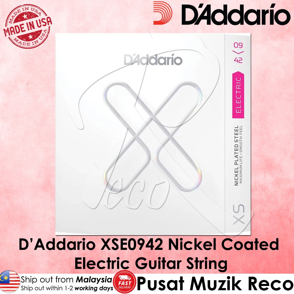D'Addario XSE0942 electric guitar string packaging on a pink background
