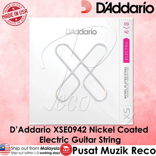 D'Addario XSE0942 electric guitar string packaging on a pink background