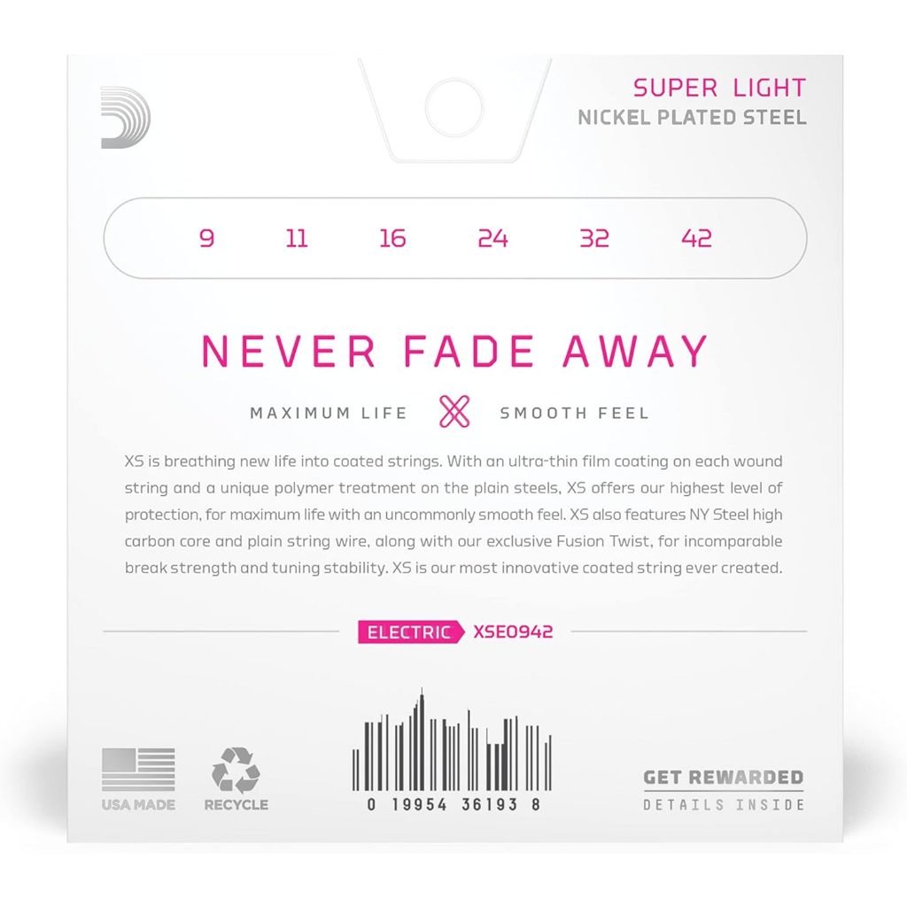 Music string packaging with product details on a white background