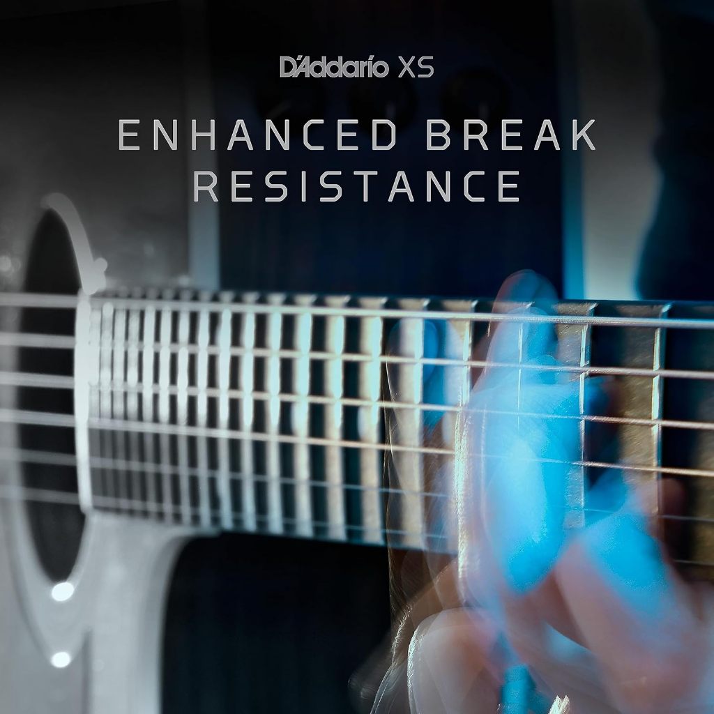 Close-up of a guitar with text 'D'Addario XS Enhanced Break Resistance' on a dark background