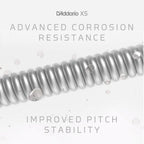 D'Addario XS guitar string with text on advanced corrosion resistance and improved pitch stability.