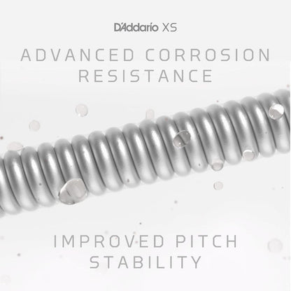 D'Addario XS guitar string with text on advanced corrosion resistance and improved pitch stability.