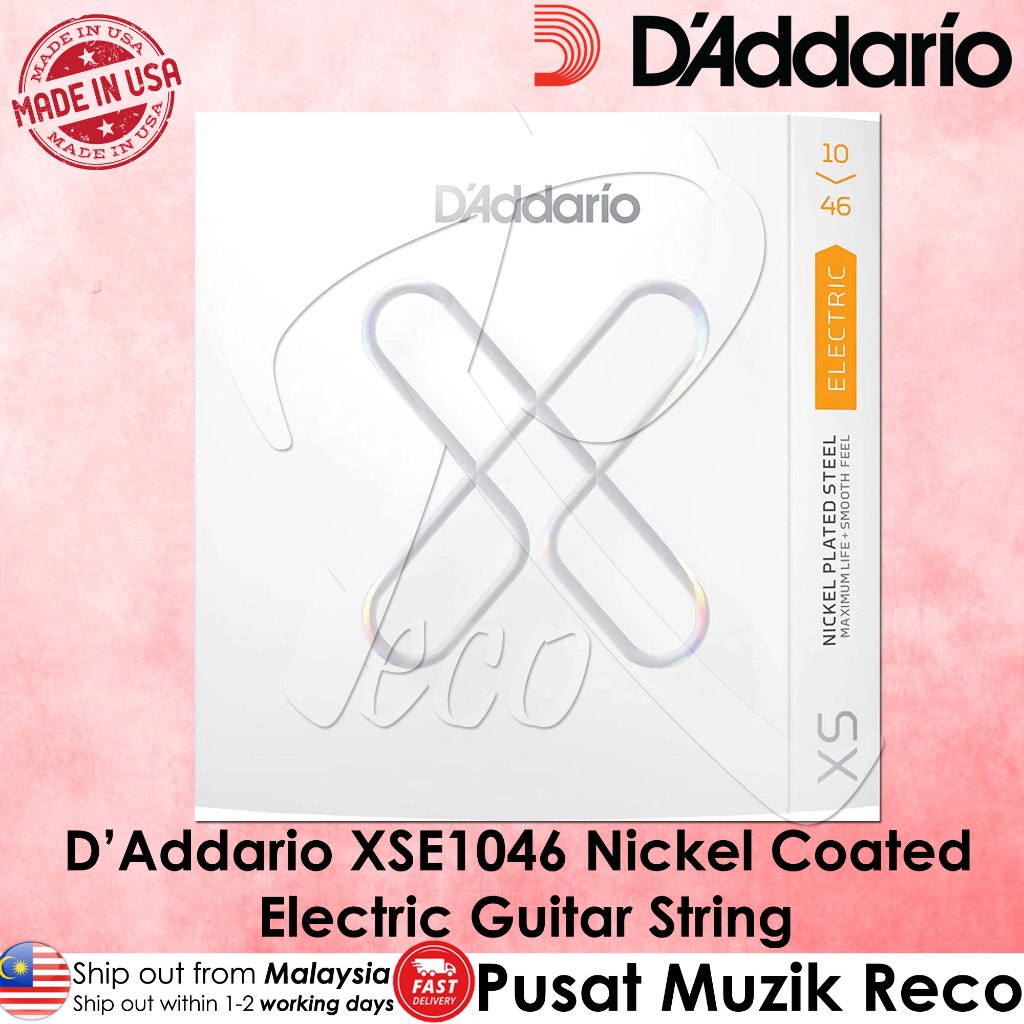 D'Addario XSE1046 electric guitar string packaging on a pink background