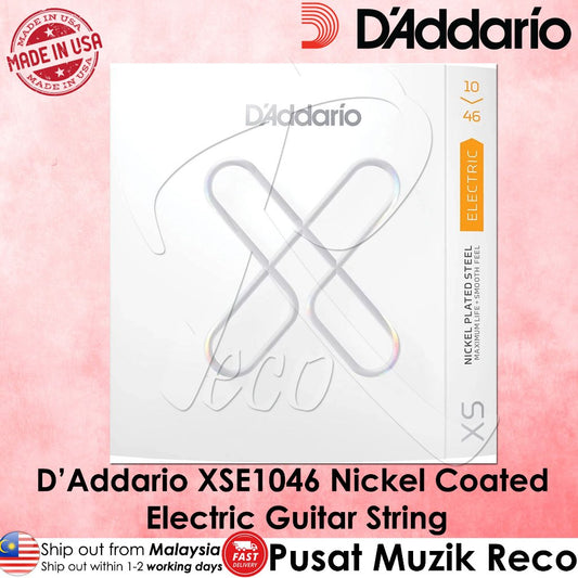 D'Addario XSE1046 electric guitar string packaging on a pink background