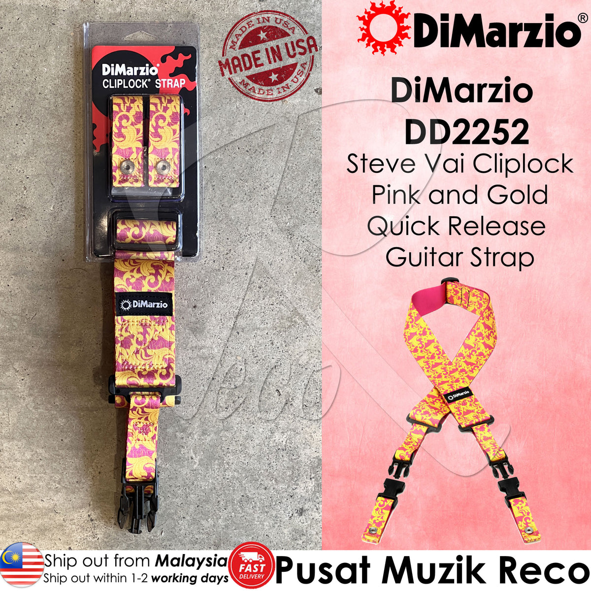 DiMarzio DD2252 Steve Vai ClipLock guitar strap in pink and gold with quick release system, displayed in packaging.