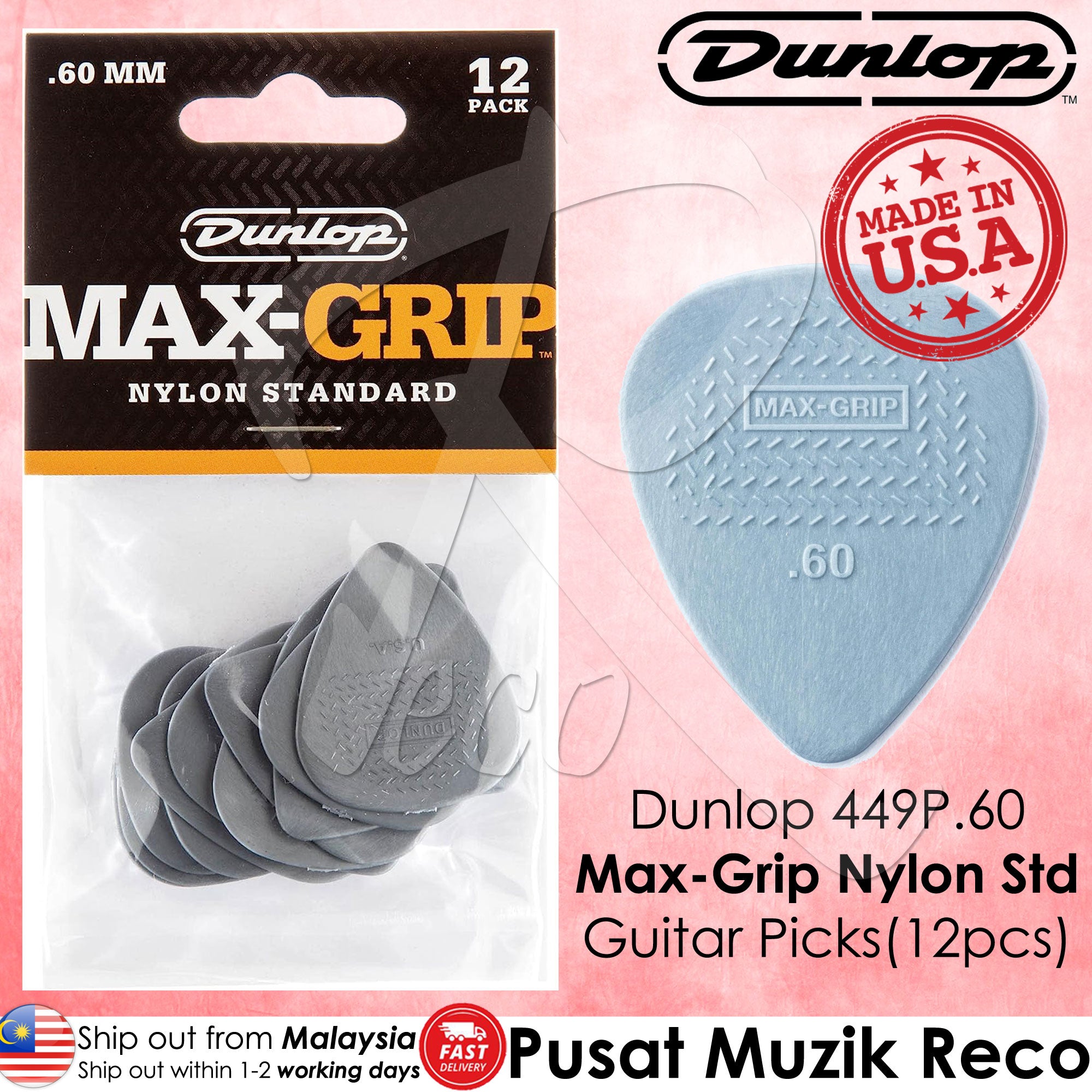 Jim Dunlop 449P060 Nylon Max Grip Standard Guitar Picks .60mm 12-pack