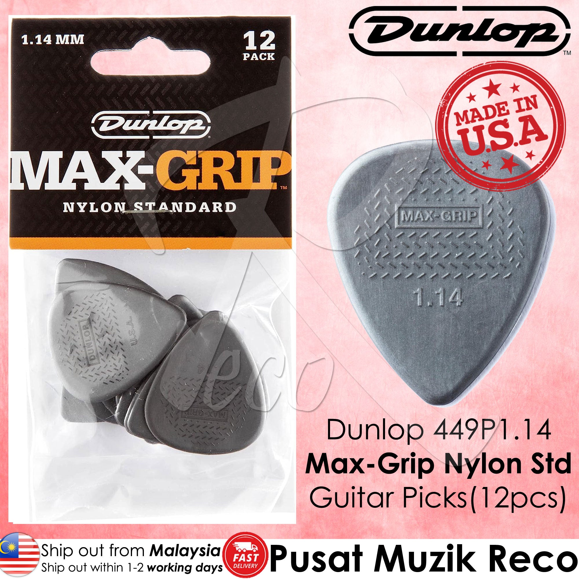 Jim Dunlop 449P114 Nylon Max Grip Standard Guitar Picks 1.14mm 12-pack