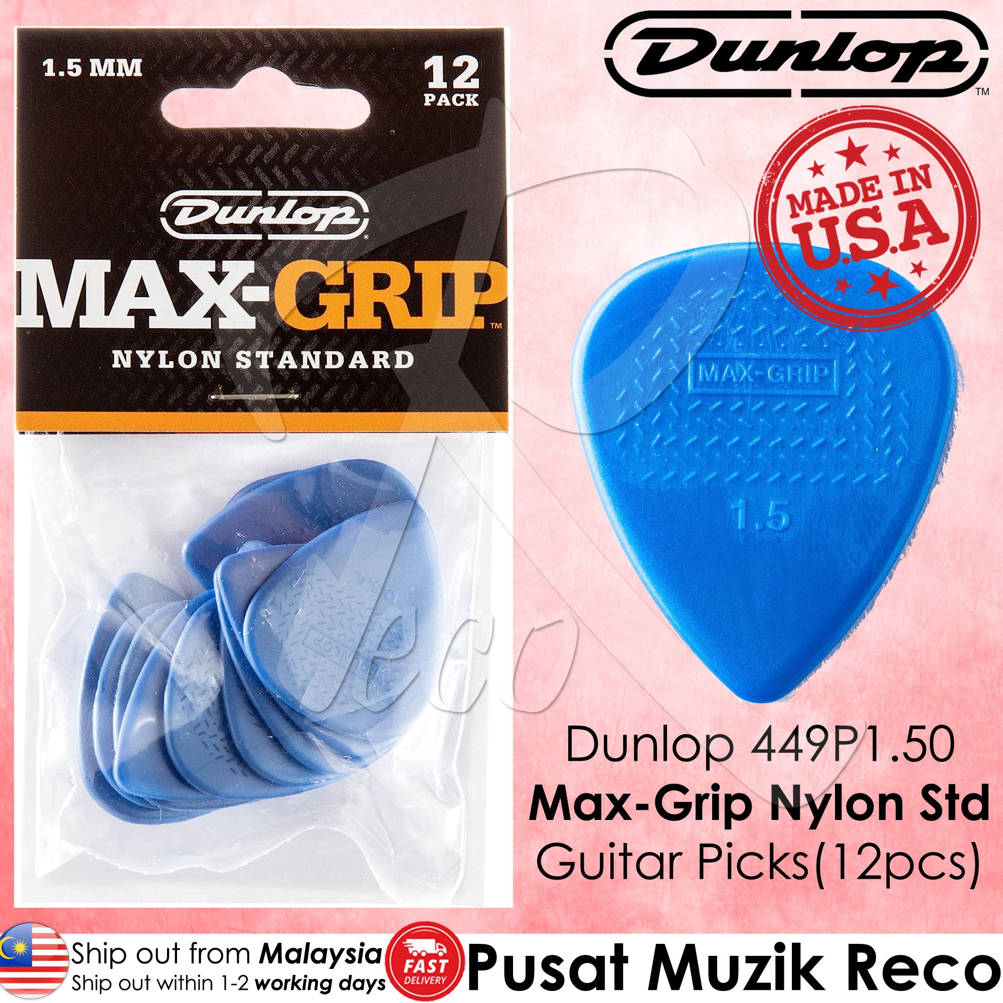 Jim Dunlop 449P150 Nylon Max Grip Standard Guitar Picks 1.5mm 12-pack
