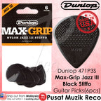 Dunlop 471P3S Black Stiffo Max Grip Jazz III Guitar Pick 1.38mm Guitar Picks Player Pack, 6pcs/Pack