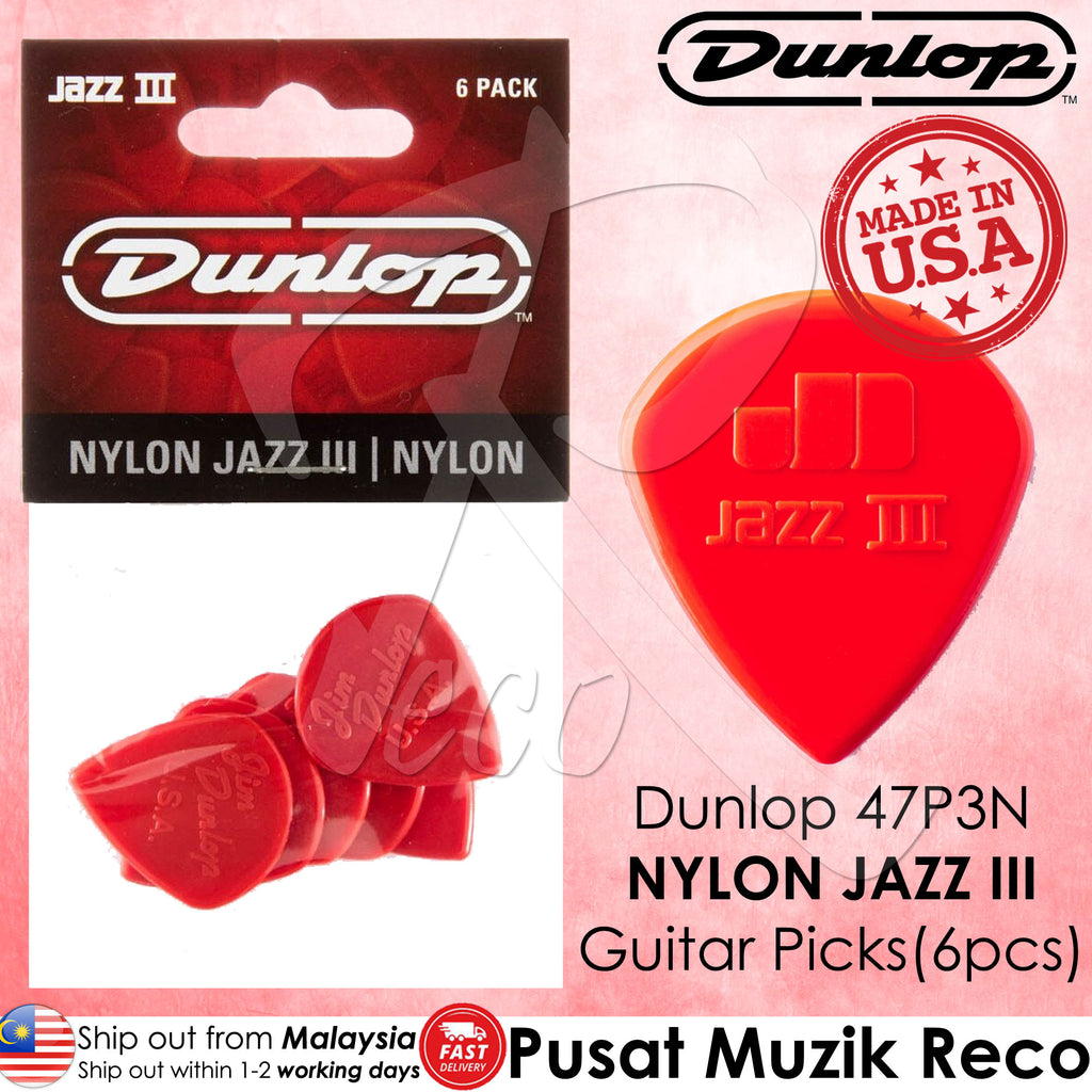 Jim Dunlop 47P3N Nylon Jazz III 1.38mm Guitar Picks Player Pack, 6pcs/Pack - Reco Music Malaysia