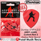Packaging of Dunlop 574PAJ200 Andy James Custom Flow 2 Signature Guitar Picks. The package contains three red guitar picks with a silhouette of a guitarist on them, against a white background with a 'Made in USA' label.