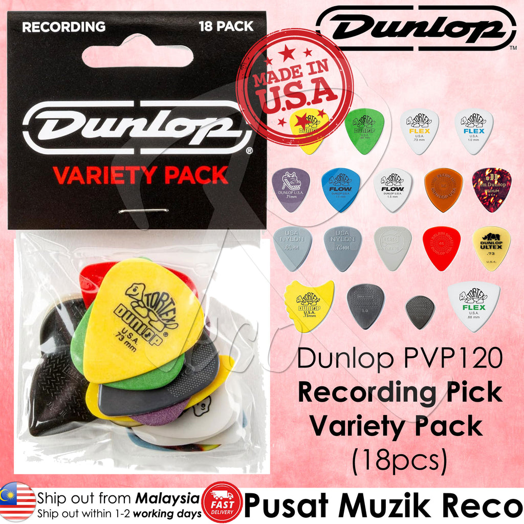 An assortment of Dunlop guitar picks in various colors and materials, including ULTEX, FLOW, TORTEX, NYLON, MAX-GRIP, CARBON FIBER, and DELRIN, packaged in a variety pack.