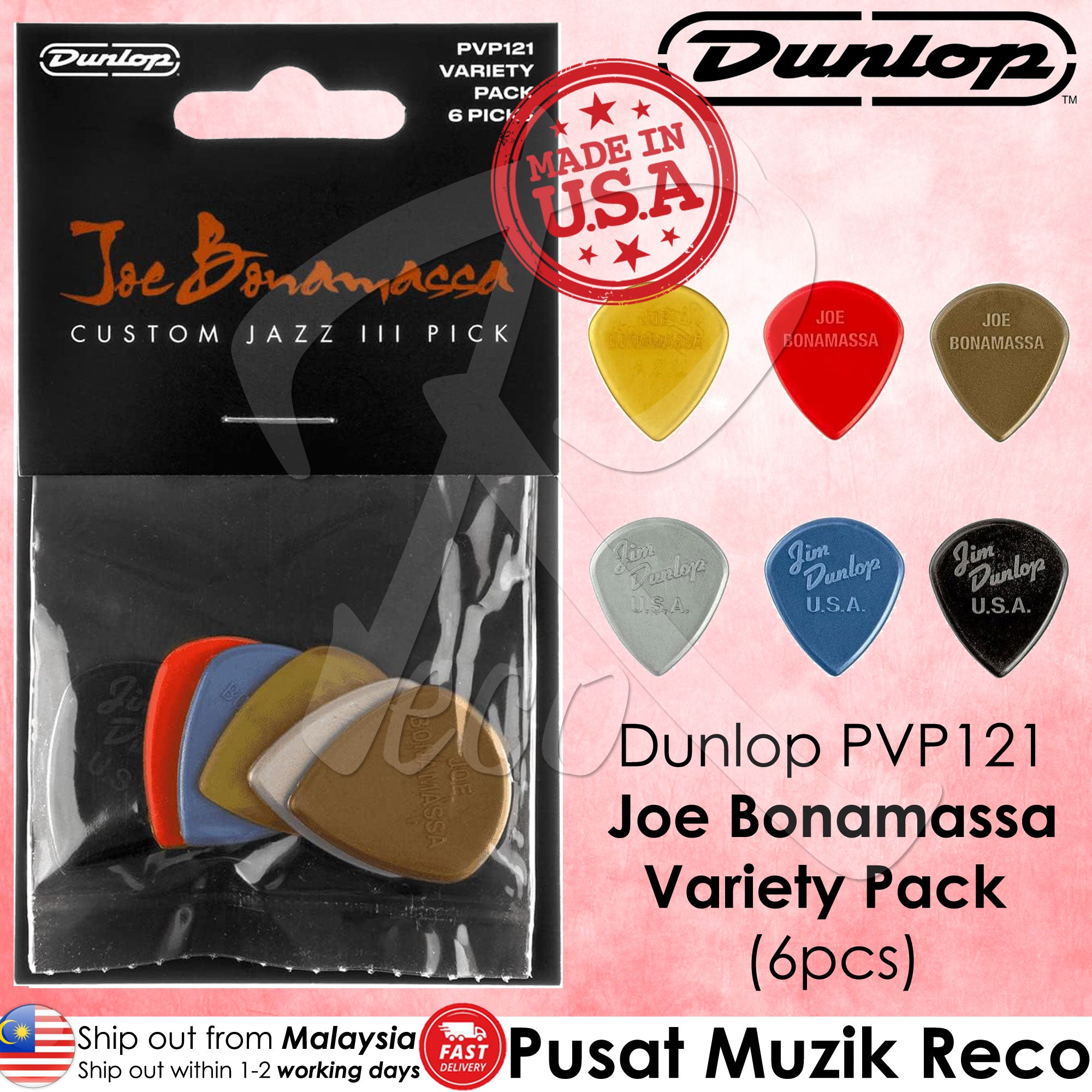 A variety pack of Dunlop Jazz III guitar picks, featuring six picks with the signature of Joe Bonamassa, colors include yellow, red, blue, green, and purple, packaged in a clear plastic pouch with a red and white cardboard header displaying the product name and a 'Made in USA' badge.