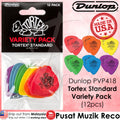 Dunlop Tortex Standard Guitar Pick Variety Pack, containing 12 picks in different colors and thicknesses, with packaging indicating 'Made in USA'.