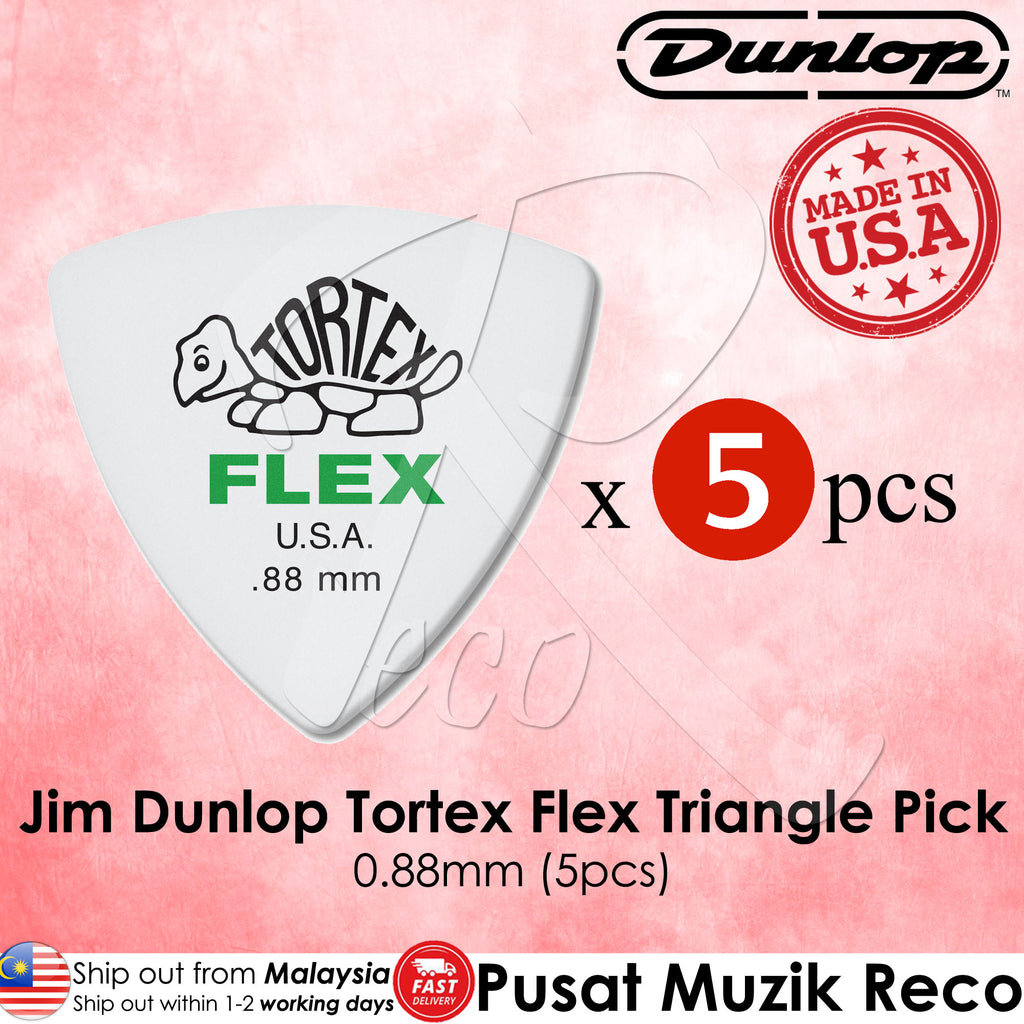Pack of five white Dunlop Tortex Flex triangle guitar picks, marked with the brand logo and the gauge size of 0.88mm.