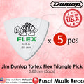 Pack of five white Dunlop Tortex Flex triangle guitar picks, marked with the brand logo and the gauge size of 0.88mm.