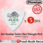 Pack of five white Dunlop Tortex Flex triangle guitar picks, marked with the brand logo and the gauge size of 0.88mm.