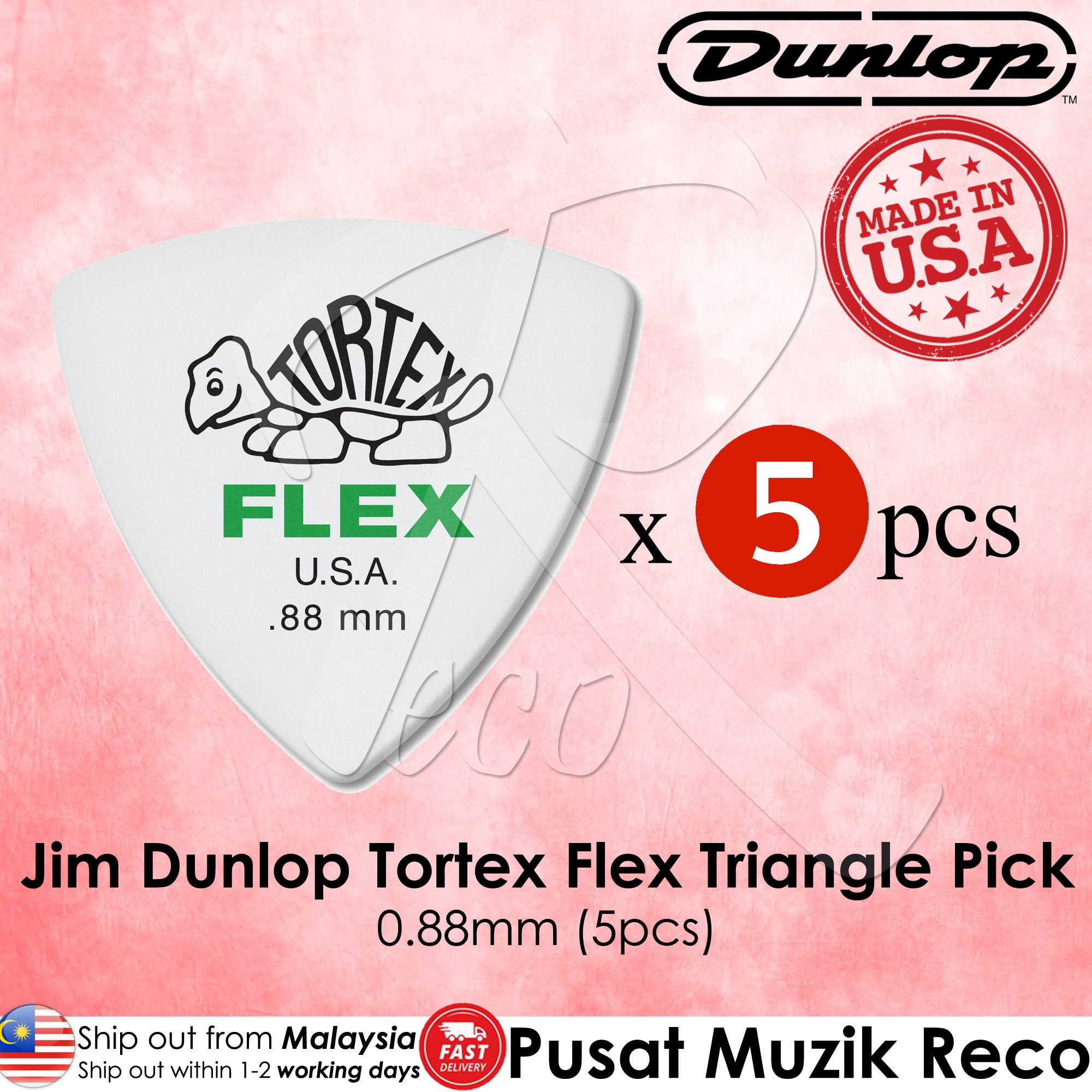 Pack of five white Dunlop Tortex Flex triangle guitar picks, marked with the brand logo and the gauge size of 0.88mm.