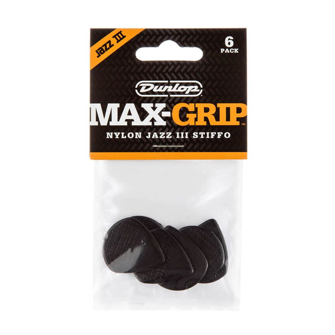 Dunlop 471P3S Black Stiffo Max Grip Jazz III Guitar Pick 1.38mm Guitar Picks Player Pack, 6pcs/Pack