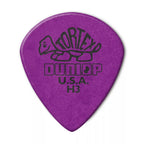 Packaging of Dunlop Tortex Jazz III guitar picks with six pieces per pack, 1.14mm thickness, in a purple color with the Dunlop logo and product information.