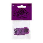 Packaging of Dunlop Tortex Jazz III guitar picks with six pieces per pack, 1.14mm thickness, in a purple color with the Dunlop logo and product information.
