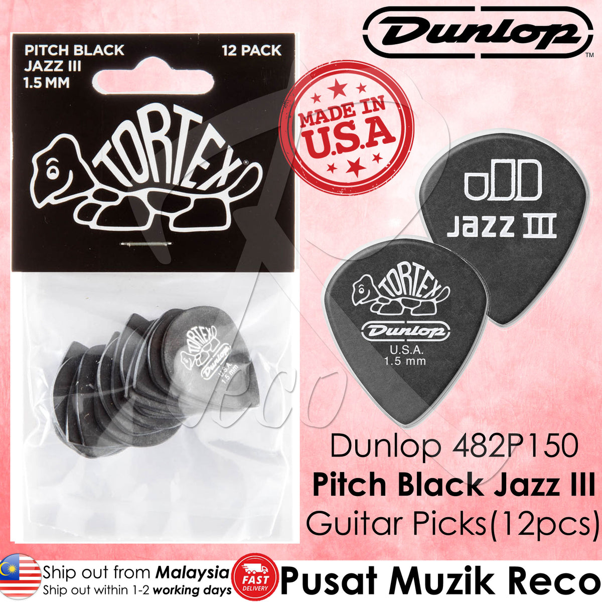 A pack of Dunlop Tortex Pitch Black Jazz III guitar picks, with a thickness of 1.50mm, displayed in a clear plastic packaging.
