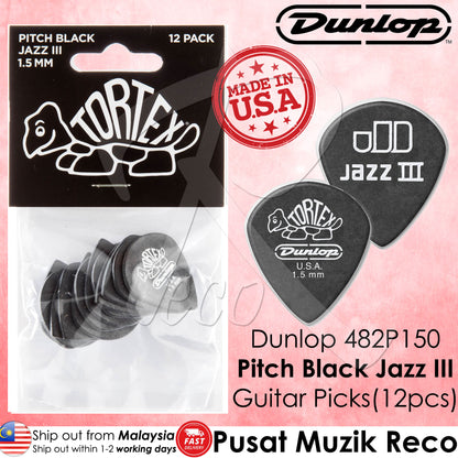 A pack of Dunlop Tortex Pitch Black Jazz III guitar picks, with a thickness of 1.50mm, displayed in a clear plastic packaging.