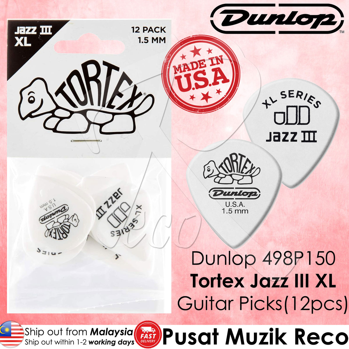 A pack of Dunlop Tortex Jazz III XL guitar picks, with the thickness of 1.50mm, in a packaging showing 12 pieces.