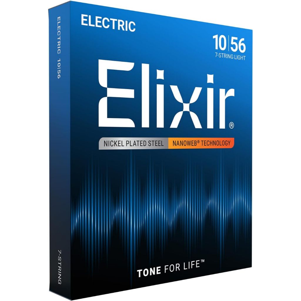Elixir electric guitar string packaging with blue and black design