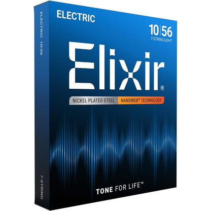 Elixir electric guitar string packaging with blue and black design