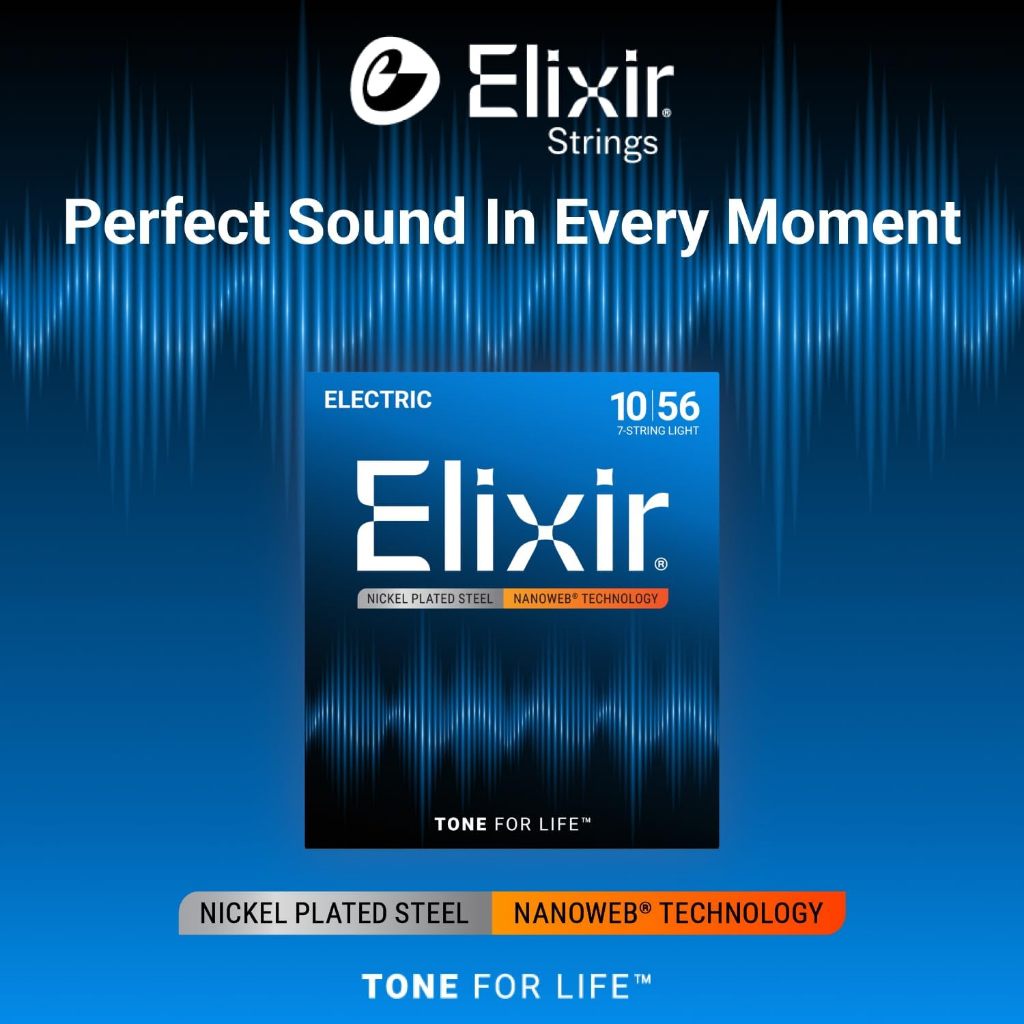 Elixir electric guitar string packaging with brand logo and product details on a blue background.