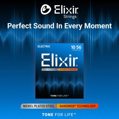 Elixir electric guitar string packaging with brand logo and product details on a blue background.